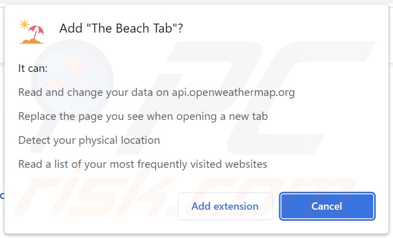 The Beach Tab browser hijacker asking for permissions
