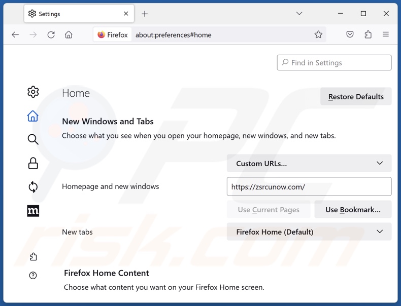 Removing zsrcunow.com from Mozilla Firefox homepage
