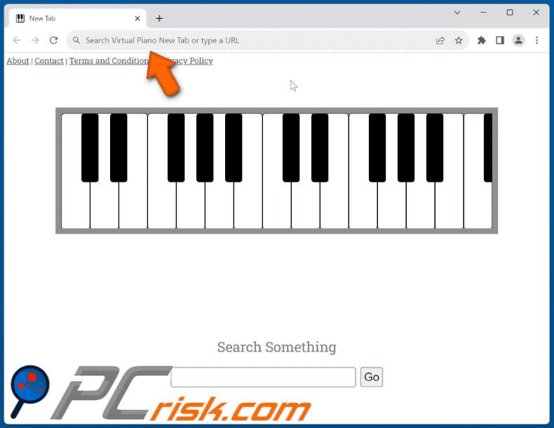 Virtual Piano New Tab browser hijacker redirecting to Google (GIF)