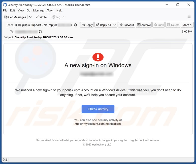 A New Sign-in On Windows phishing email