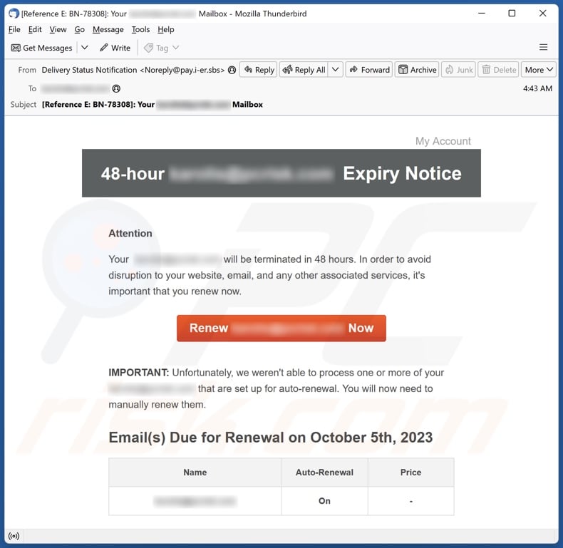 Expiry Notice email spam campaign