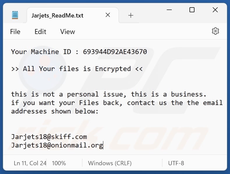 Jarjets ransomware ransom note (Jarjets_ReadMe.txt)