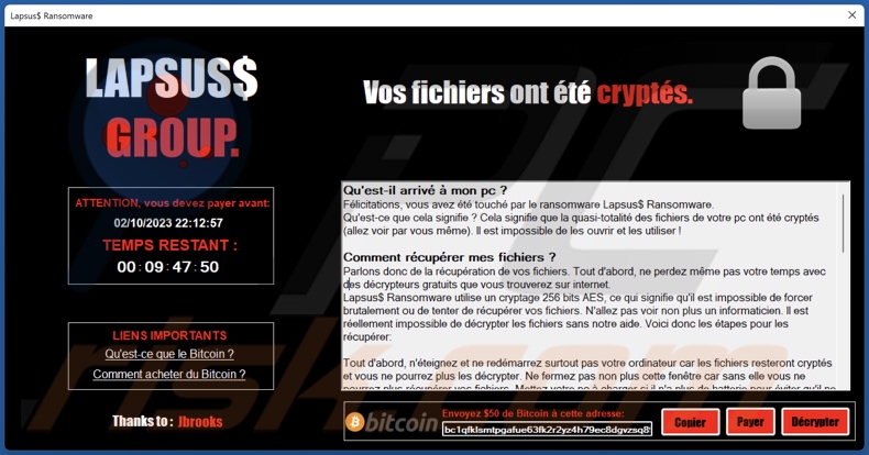 Lapsus$ Group ransomware ransom note (pop-up)