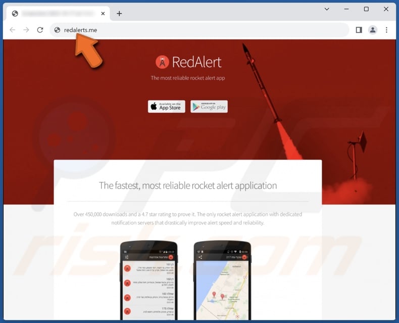 Malicious RedAlert - Rocket Alerts app promoting website
