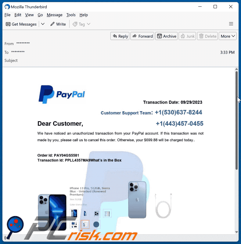 PayPal - Unauthorized Transaction Email Scam appearance