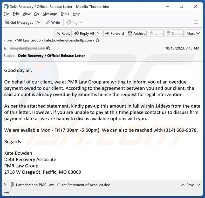 PMR Law Group email virus malware-spreading email spam campaign