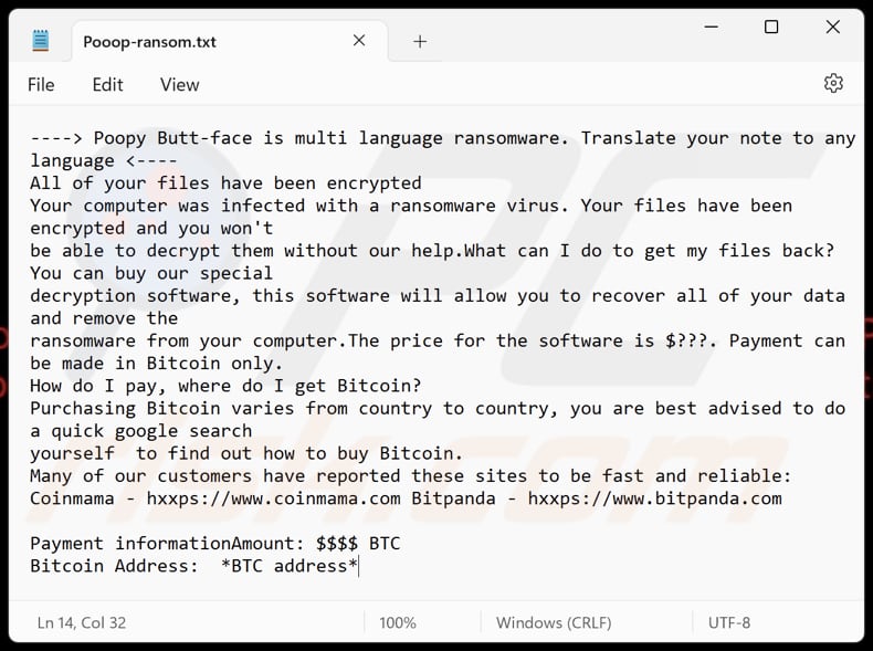 Poopy Butt-face ransomware text file (Pooop-ransom.txt)