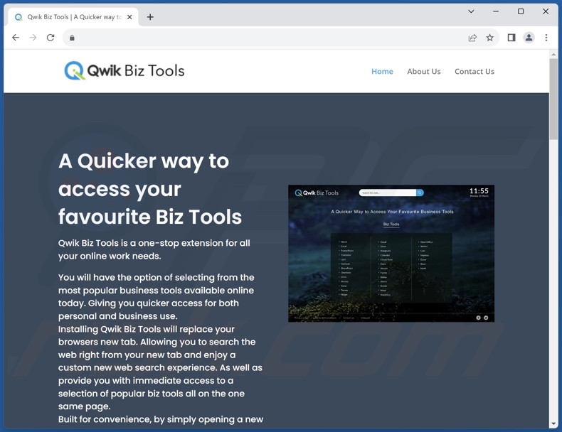 Website used to promote Qwik Biz Tools browser hijacker