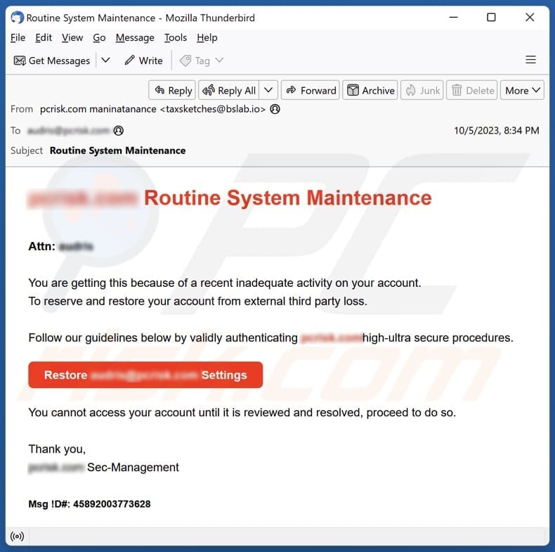 Routine System Maintenance email spam campaign