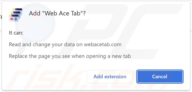 Web Ace Tab browser hijacker asking for permissions