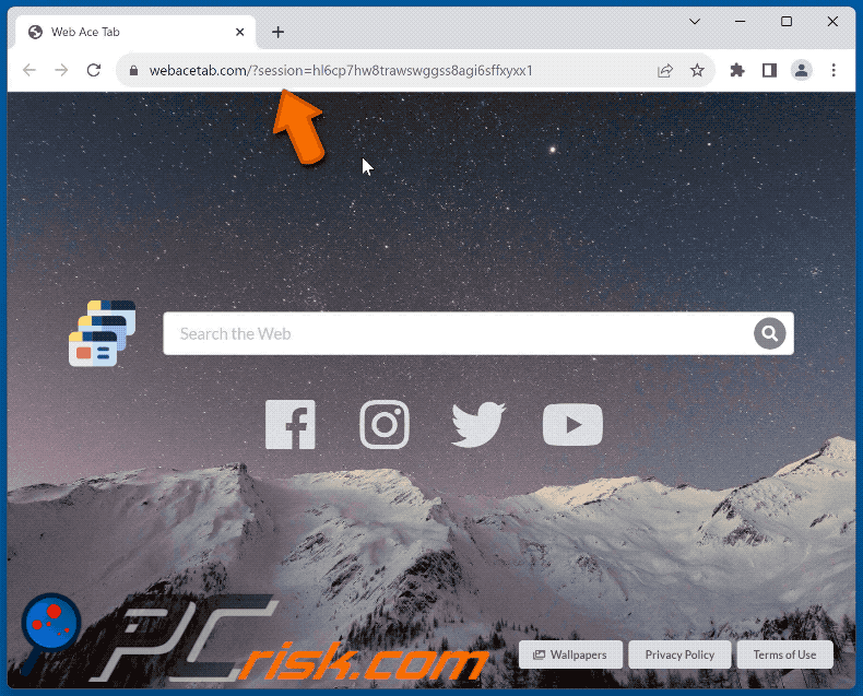 Web Ace Tab browser hijacker redirecting to Bing (GIF)