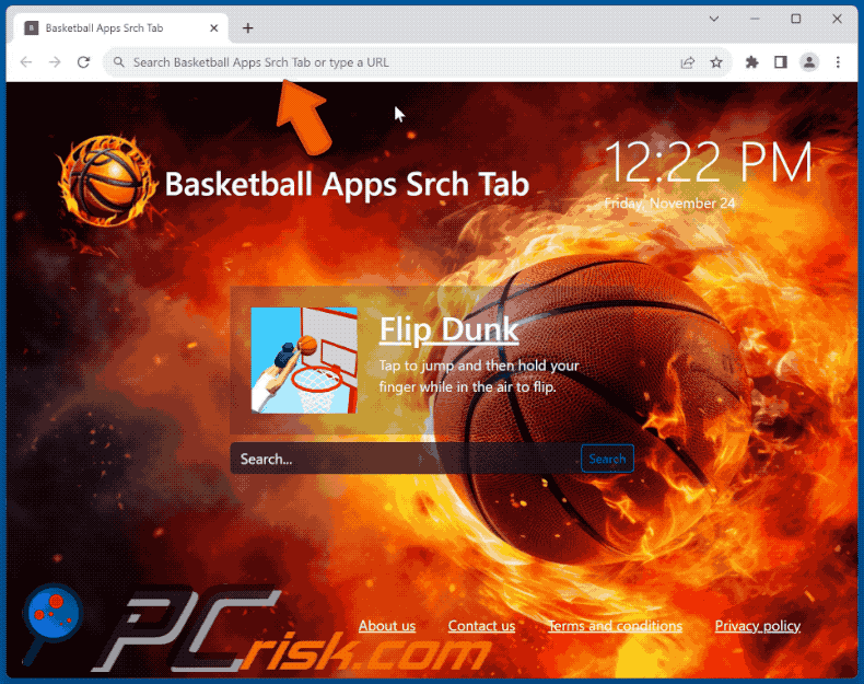 Basketball Apps Srch Tab browser hijacker redirecting to Bing (GIF)