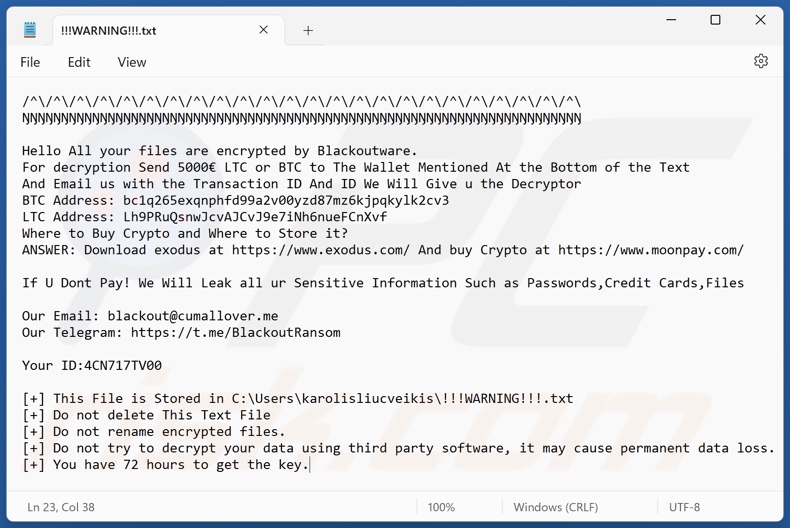 Blackoutware ransomware ransom note (!!!WARNING!!!.txt)