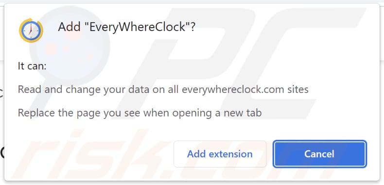 EveryWhereClock browser hijacker asking for permissions