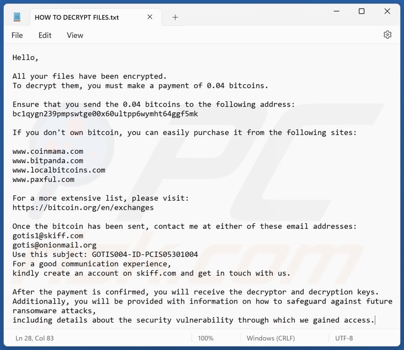 GoTiS ransomware text file (HOW TO DECRYPT FILES.txt)