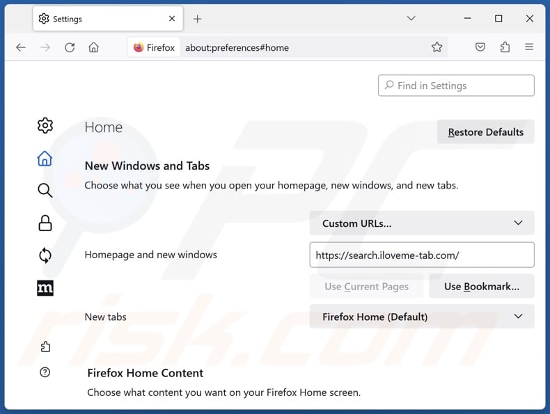 Removing search.iloveme-tab.com from Mozilla Firefox homepage
