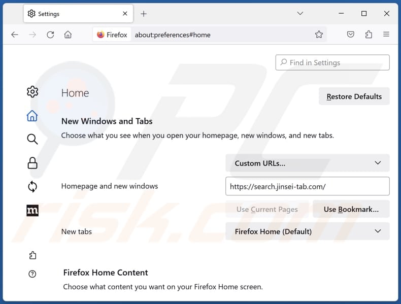 Removing search.jinsei-tab.com from Mozilla Firefox homepage