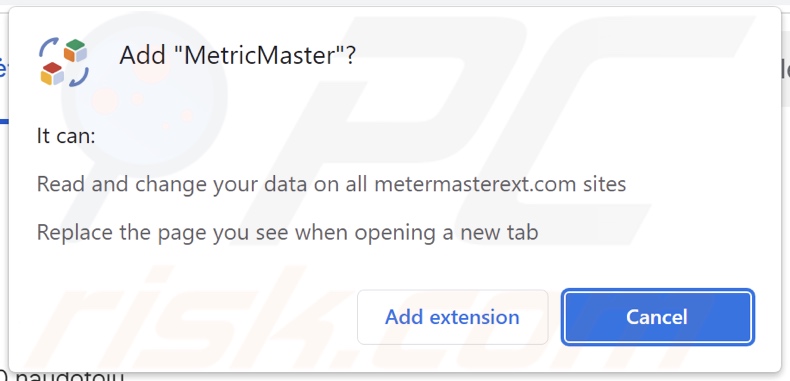 MetricMaster browser hijacker asking for permissions