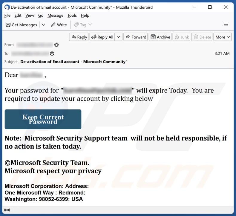 Microsoft Security Team - Password Expiration email spam campaign