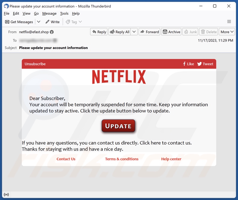 Netflix - Update Your Account Information email spam campaign