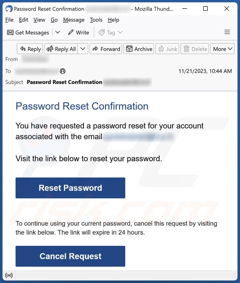 Password Reset Confirmation email spam campaign