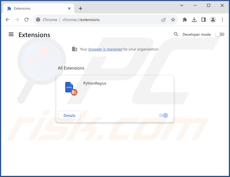 Removing PythonRegius malicious extension from Google Chrome step 2