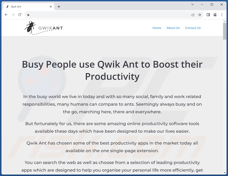 Website used to promote Qwik Ant browser hijacker