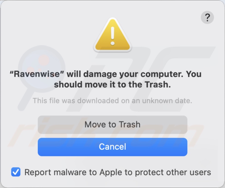 Pop-up displayed when Ravenwise adware is detected on the system