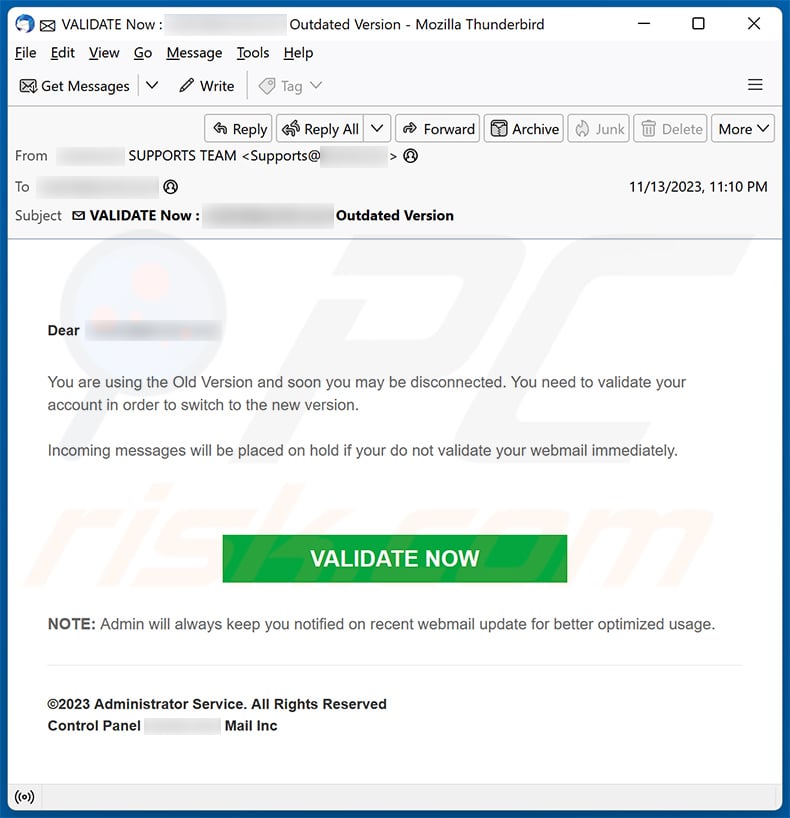 Switch To New Version email scam (2023-11-14)