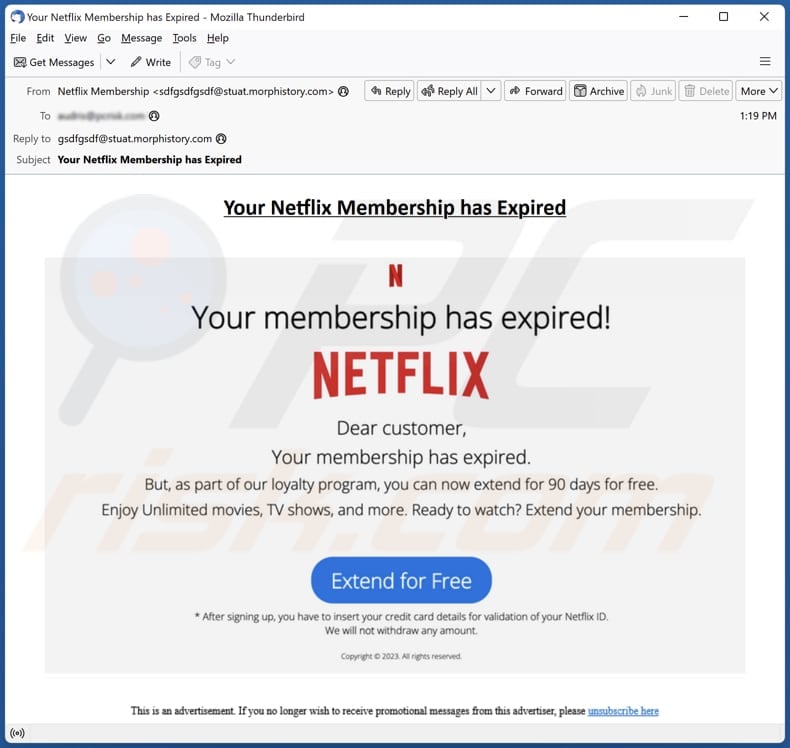 Your Netflix Membership Has Expired email spam campaign