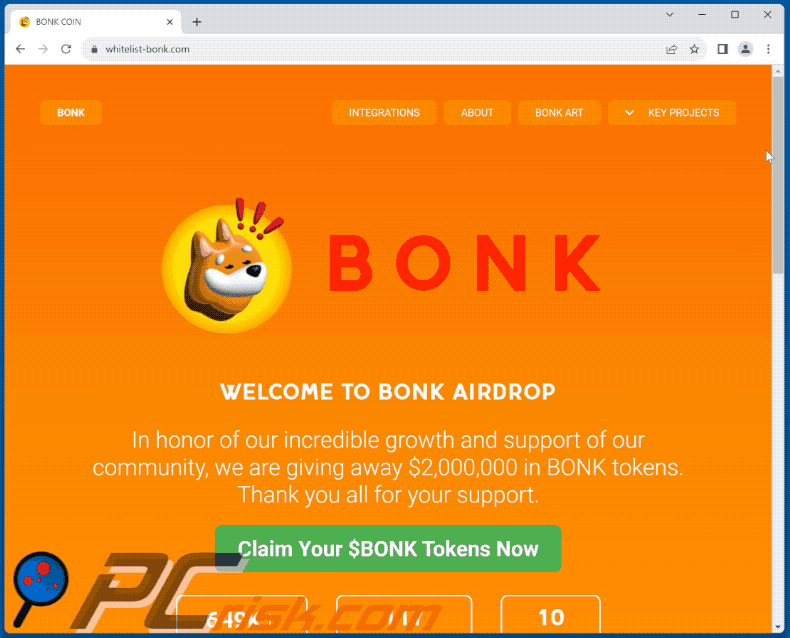 Appearance of Bonk Coin Airdrop Giveaway scam (GIF)