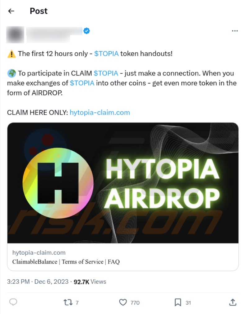 CLAIM HYTOPIA TOKEN scam promoted on a stolen social media (X/Twitter) account