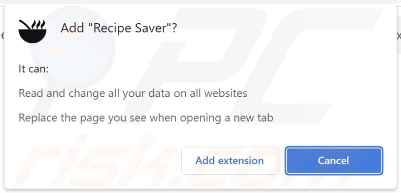 Recipe Saver browser hijacker asking for permissions