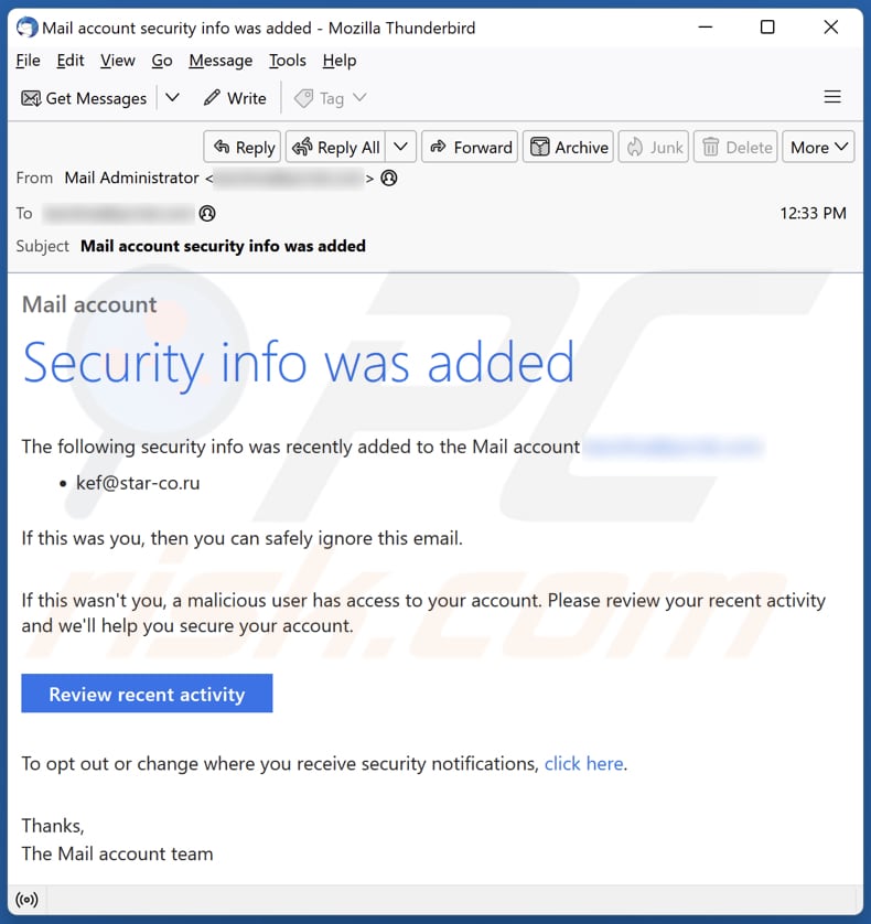 Security Info Was Added email spam campaign