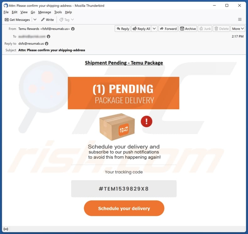 Temu - Pending Package Delivery email spam campaign