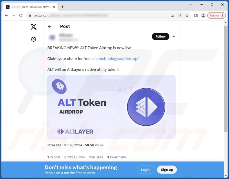 AltLayer Token Airdrop scam endorsed by an X (Twitter) post