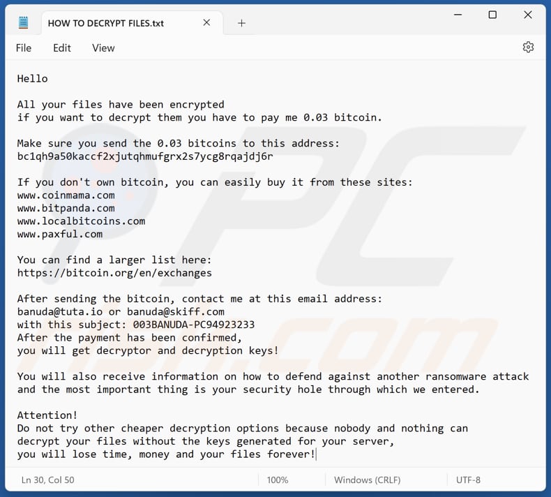 BaN ransomware text file (HOW TO DECRYPT FILES.txt)