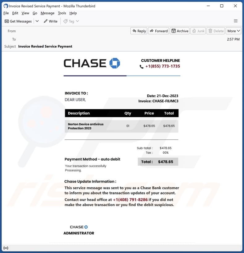 Chase Bank Invoice email spam campaign