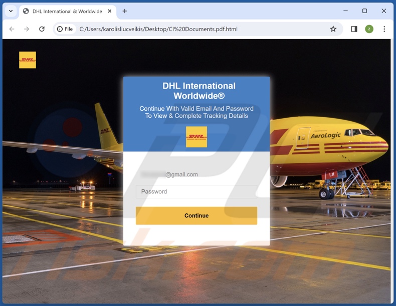 DHL Agreement Documents scam email promoted phishing file (CI Documents.pdf.html)