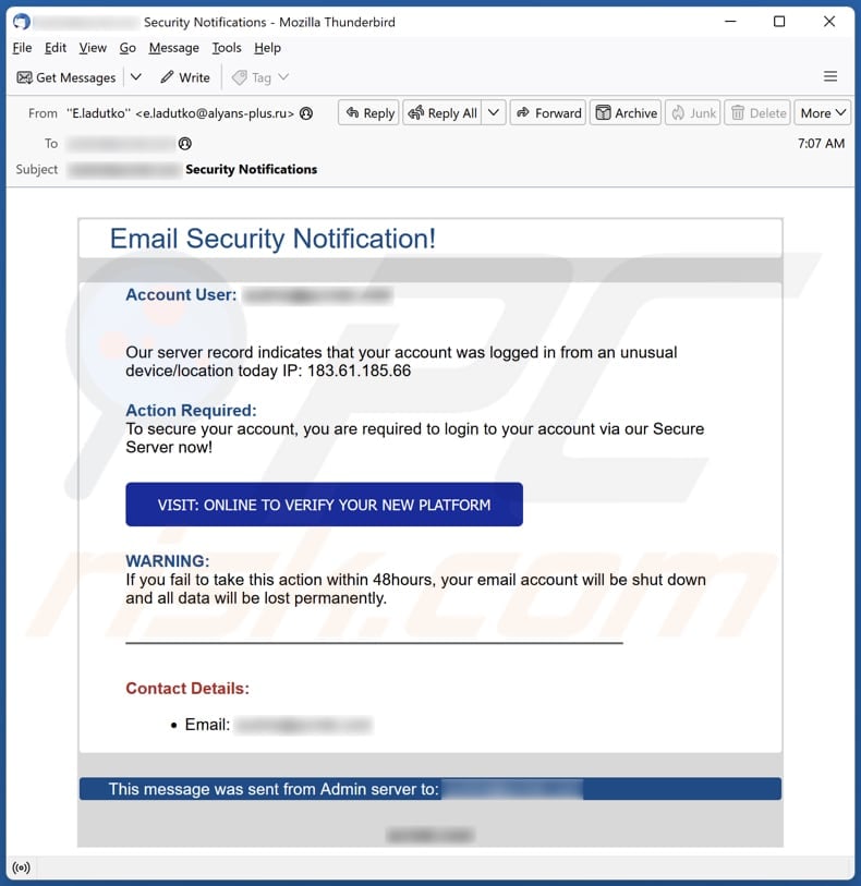 Email Security Notification email spam campaign