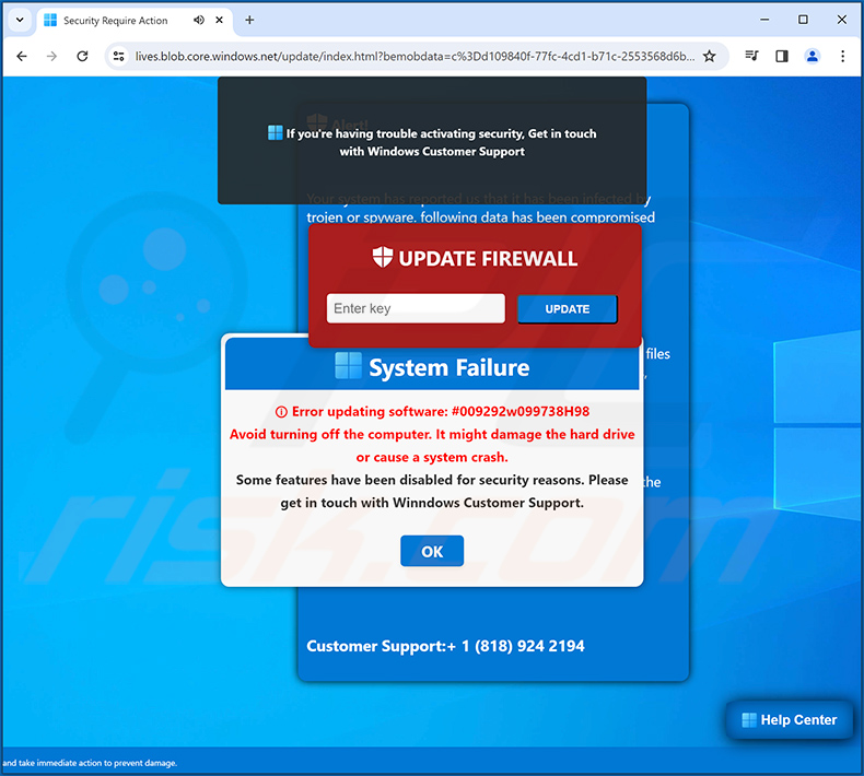 Second and third pop-ups of Firewall Update Required scam