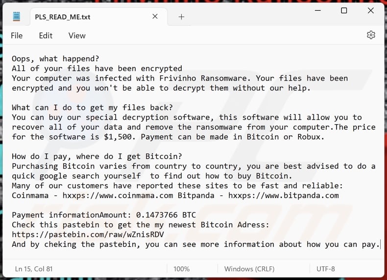 Frivinho ransomware ransom note (PLS_READ_ME.txt)