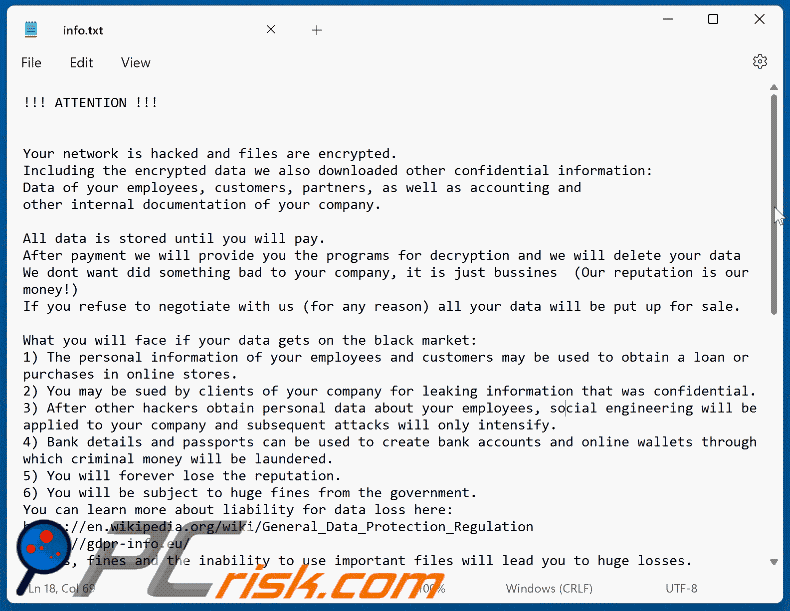 Gotmydatafast ransomware ransom note (info.txt)