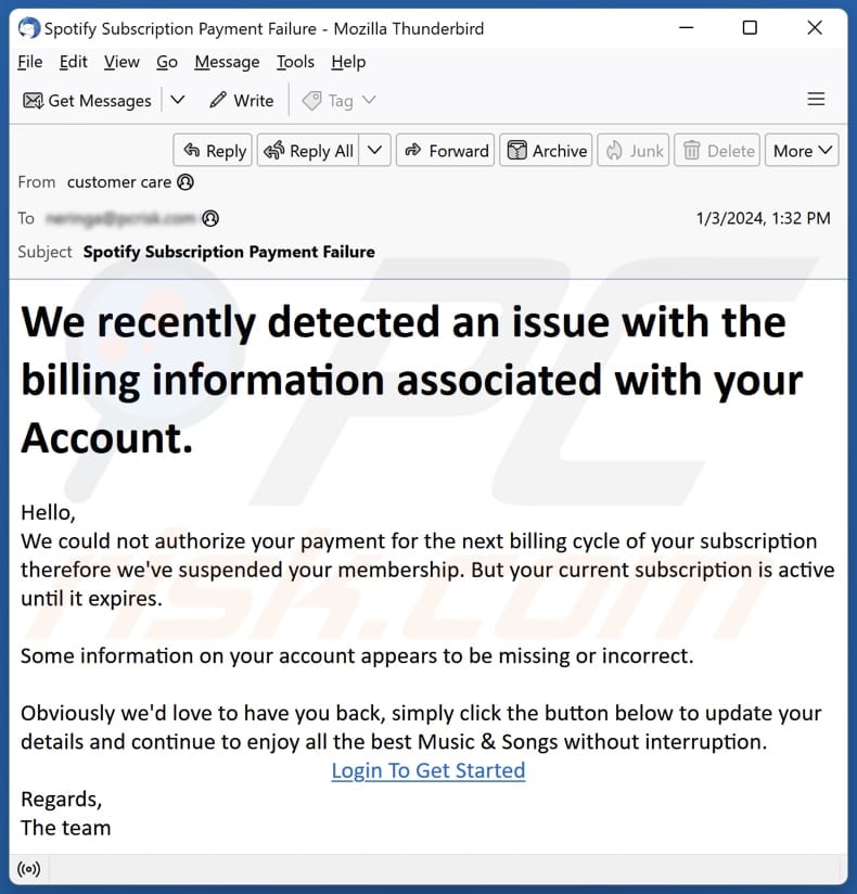 Issue With The Billing Information email spam campaign