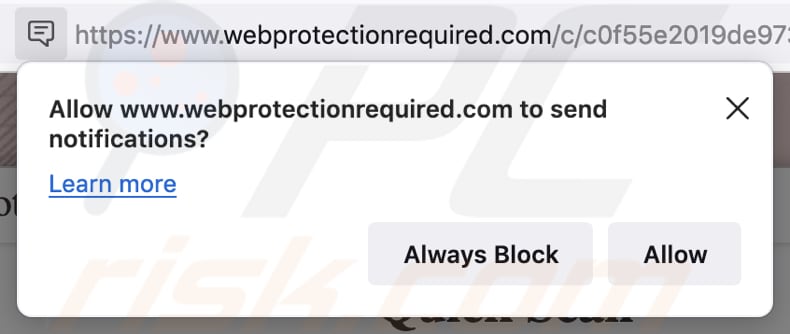 MacOS Is Infected - Virus Found Notification Scam website asking for permission to send notifications on Firefox