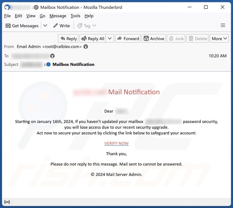 Mailbox Password Security Update email spam campaign