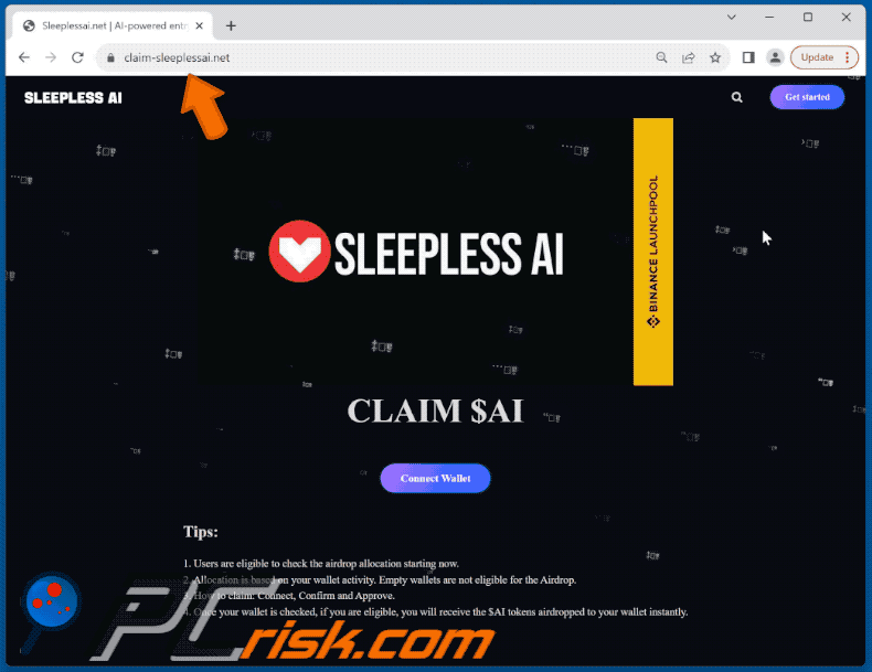 Appearance of SLEEPLESS AI Airdrop scam (GIF)