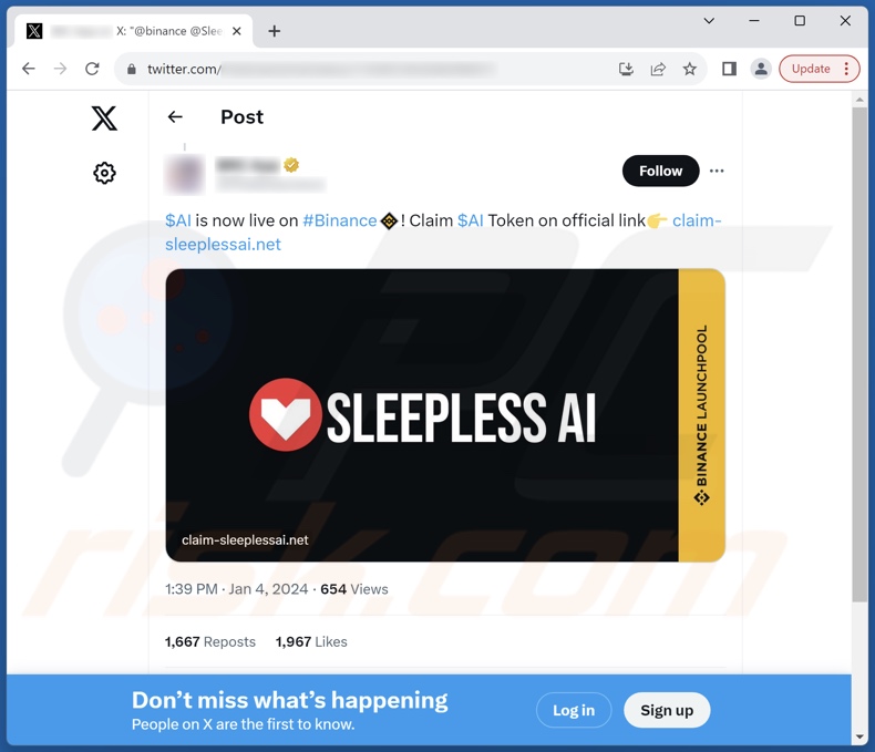 SLEEPLESS AI Airdrop scam endorsed by a post made by a likely compromised X account