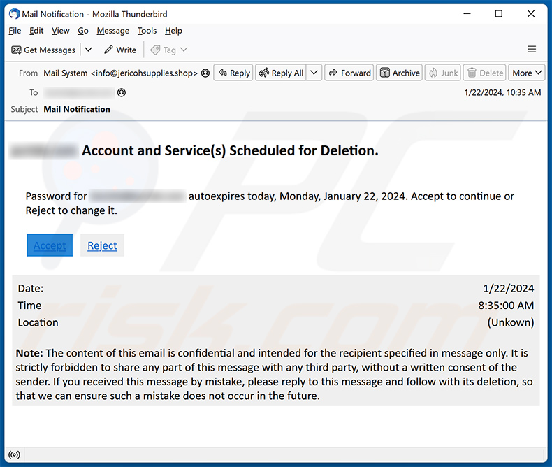 Account And Service(s) Scheduled For Deletion email scam (2024-02-01)