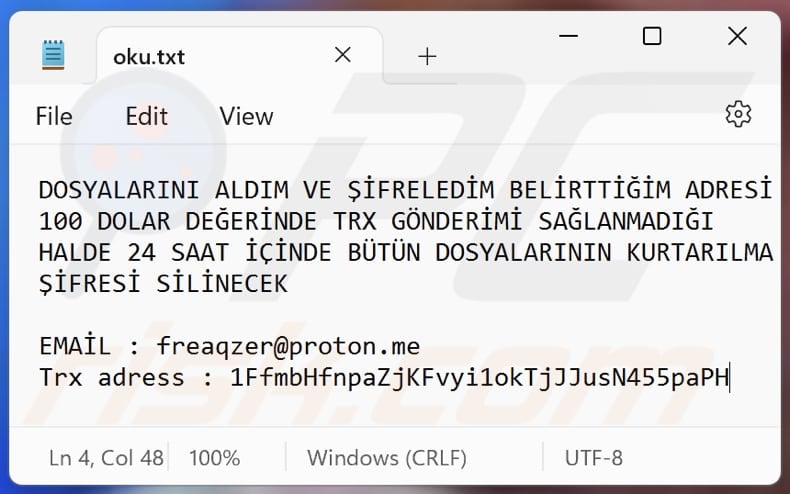 Frea ransomware text file (oku.txt)